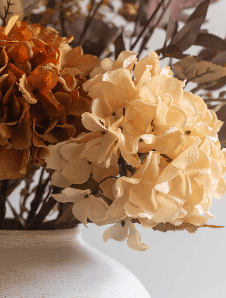 Faux Arrangement - Orange Hydrangea & Eucalyptus