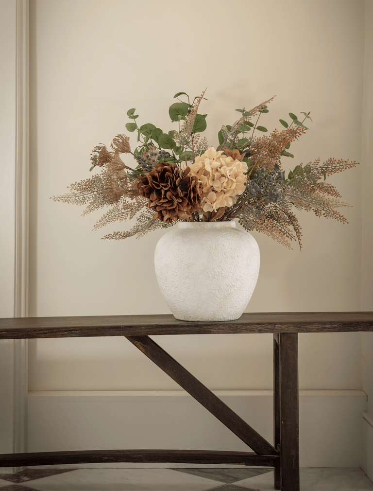 Faux Arrangement - Taupe Fern Spray & Cream Hydrangeas