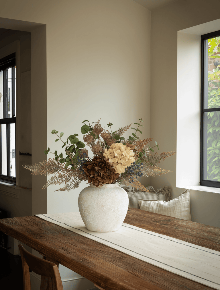 Faux Arrangement - Taupe Fern Spray & Cream Hydrangeas
