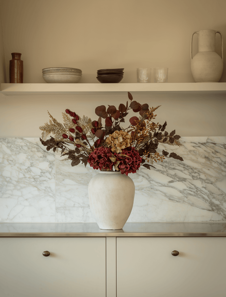 Faux Arrangement - Natural Fern Spray & Maroon Hydrangea