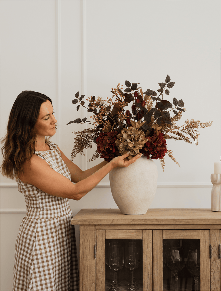 Faux Arrangement - Natural Fern Spray & Maroon Hydrangea