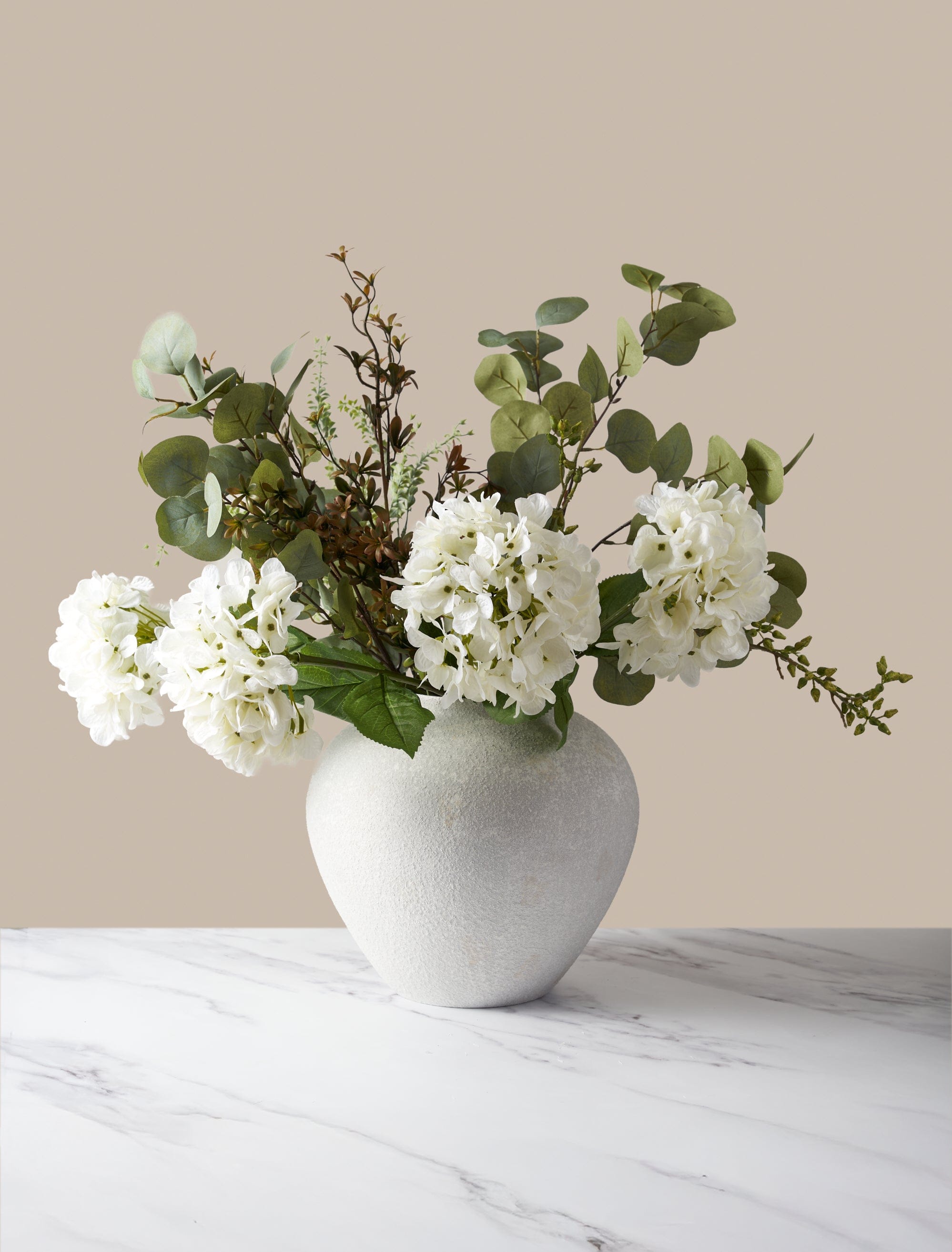 Faux Arrangement - Eucalyptus & White Hydrangea