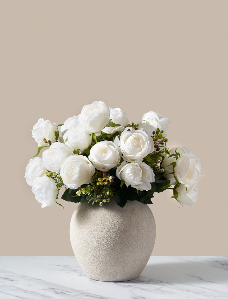 Faux Large Rose Arrangement - White Ivory (3 Stems/21 Roses