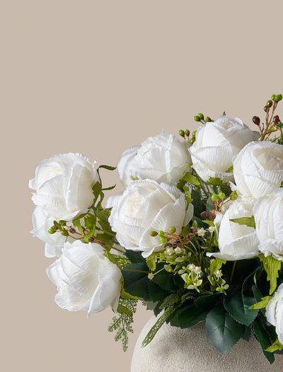 Faux Large Rose Arrangement - White Ivory (3 Stems/21 Roses)