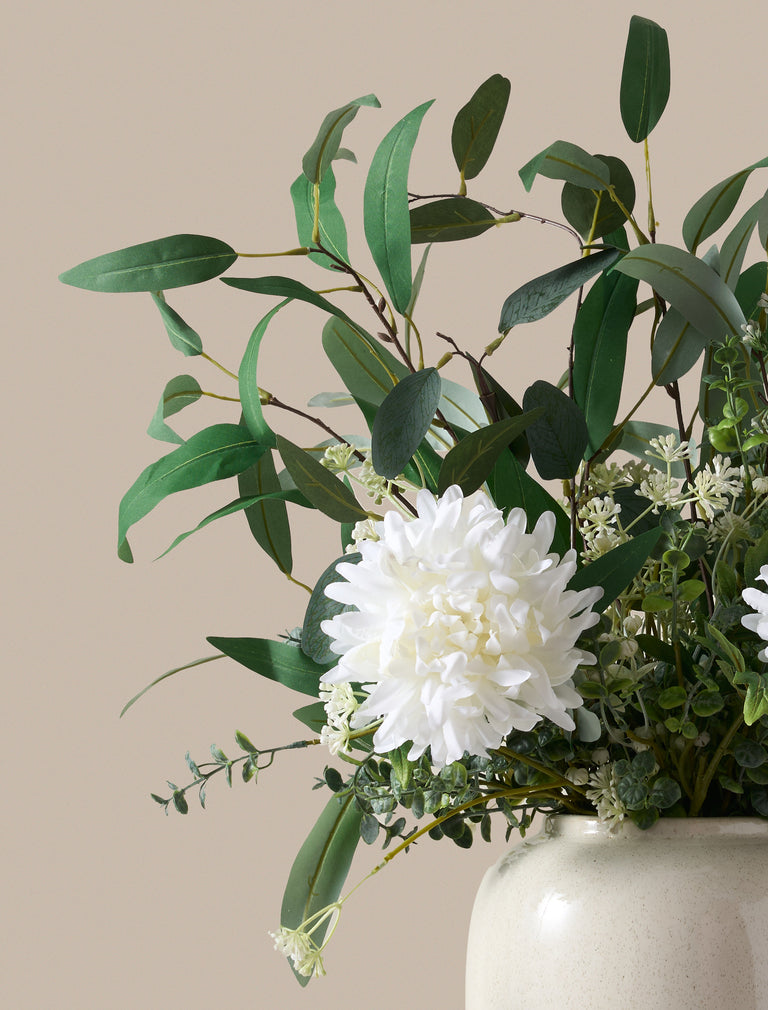 Faux Arrangement - White Dahlia & Green Foliage