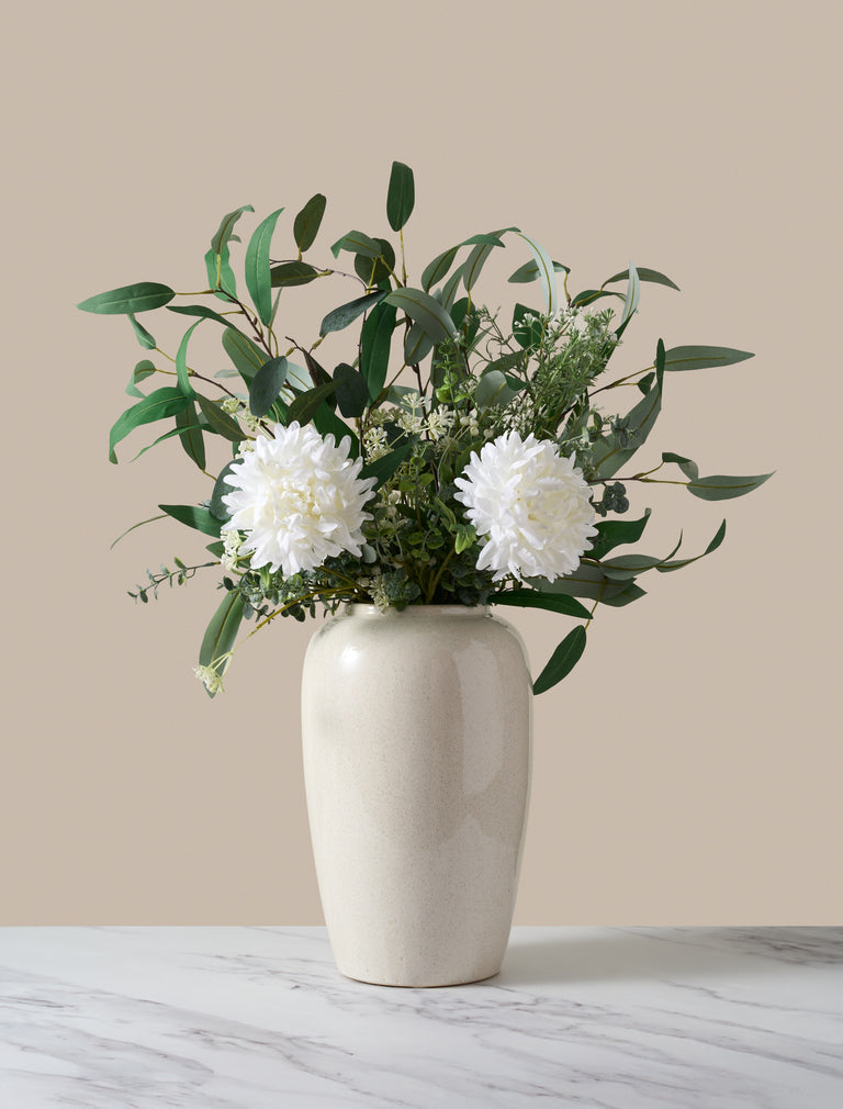 Faux Arrangement - White Dahlia & Green Foliage