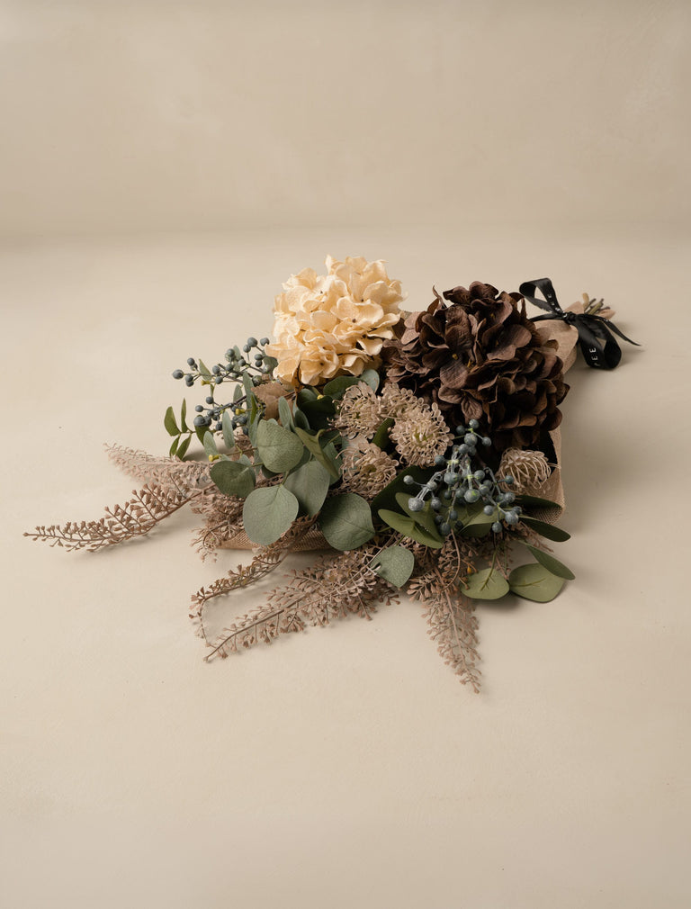 Faux Arrangement - Taupe Fern Spray & Cream Hydrangeas