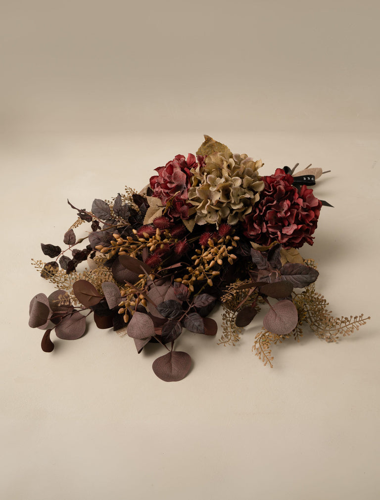 Faux Arrangement - Natural Fern Spray & Maroon Hydrangea