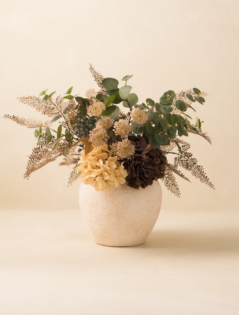 Faux Arrangement - Taupe Fern Spray & Cream Hydrangeas