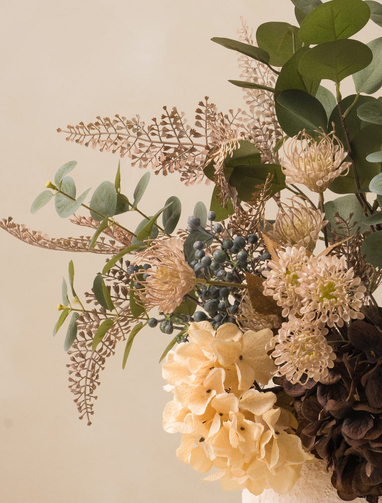 Faux Arrangement - Taupe Fern Spray & Cream Hydrangeas