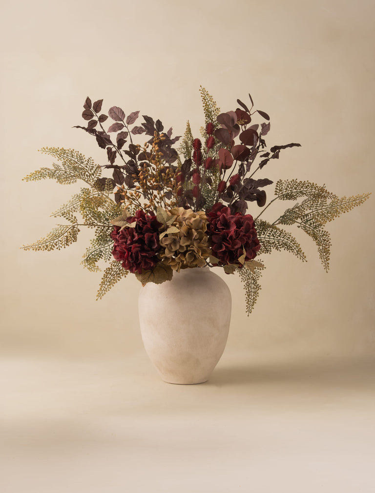 Faux Arrangement - Natural Fern Spray & Maroon Hydrangea