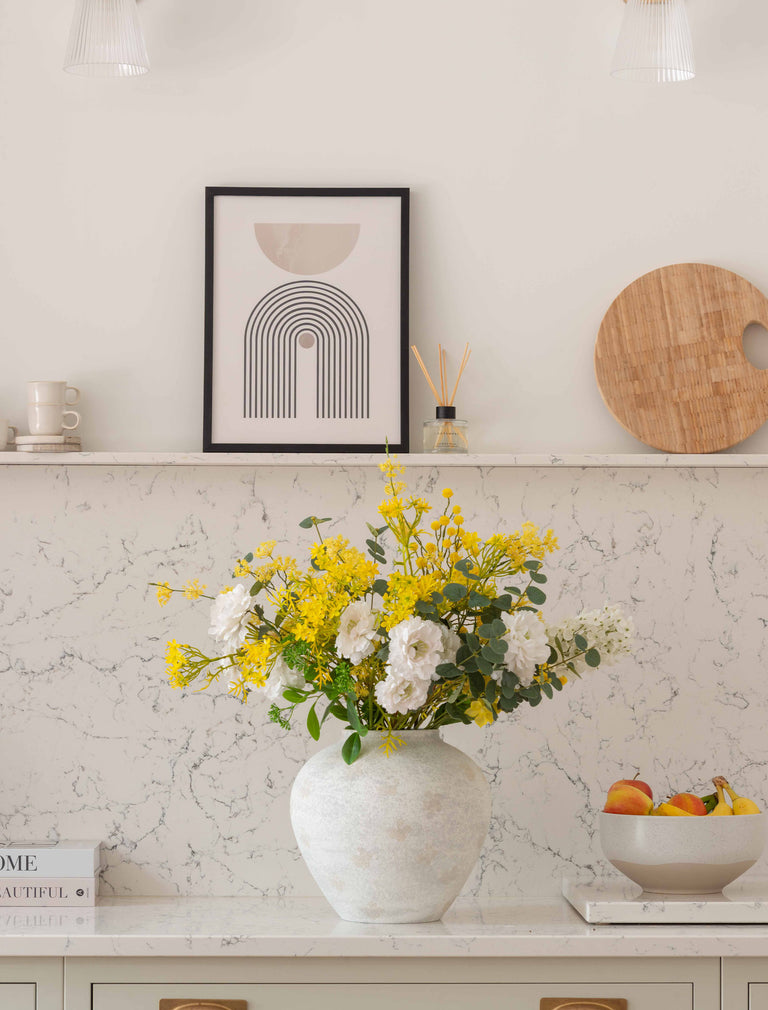 Faux Arrangement - Eucalyptus, Yellow Mimosa & White Dahlia