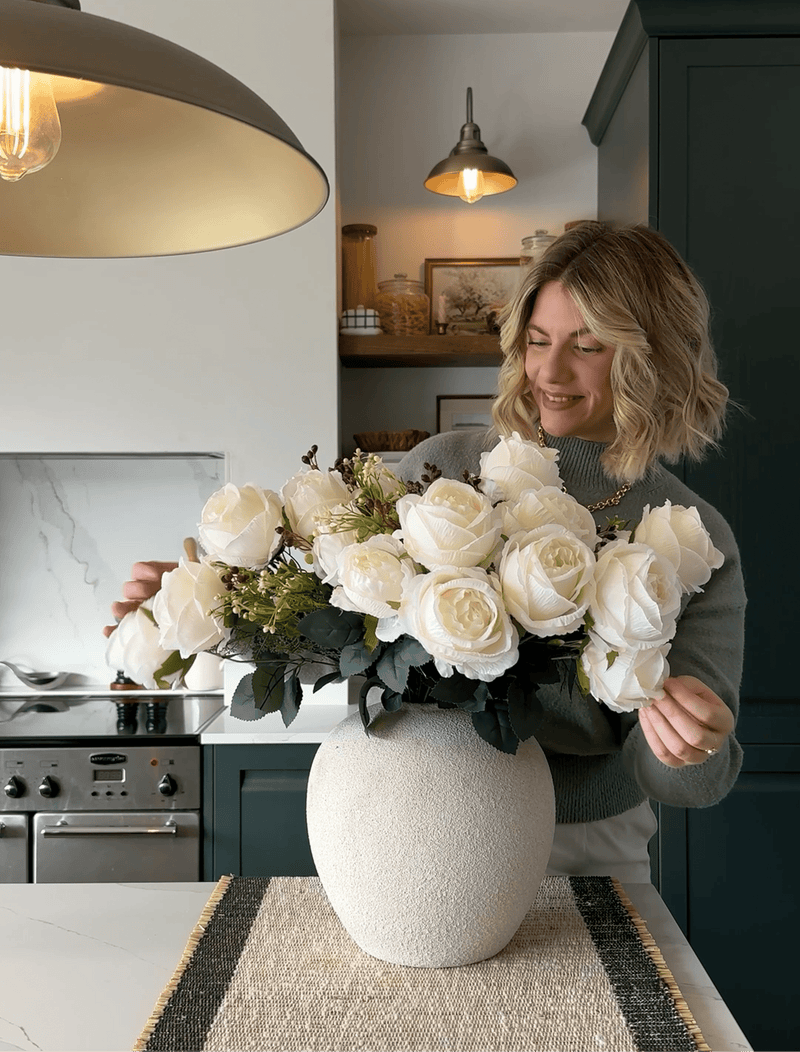 Faux Large Rose Arrangement - White Ivory (3 Stems/21 Roses)